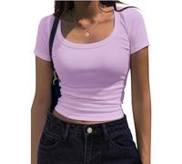 Owegvia Kurzärmeliges Crop-Top für Damen, Sommer, lässig, Vintage, einfarbig, Rundhalsausschnitt, einfarbig, schmale Passform, trendiges geripptes T-Shirt, violett, M