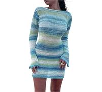 Owegvia Kurzes Strickkleid Für Damen Y2k Langarm Sexy Rückenfrei Geripptes Minikleid Mit Bunter Gestreifter Druck (Blue 00, S)