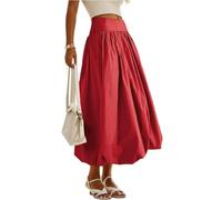 Owegvia Langer Ballon-Rock für Damen, elegant, hohe Taille, einfarbig, A-Linie, lässig, fließende Röcke, Kokosmädchen, ästhetisch, A-Rot, XL