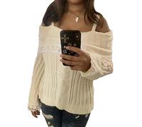 Owegvia Off The Shoulder Sweater for Women Long Sleeve Sweet Lace Trim Knit Y2k Pullovers Bow Front Grunge Jumper Tops (White, XL)