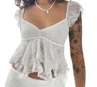 Owegvia Women Fairy Grunge Aesthetic Lace Splicing Square-Neck Short Sleeve Crop Tops Camisole Y2k Crop Top for Girl (Lace White, M)