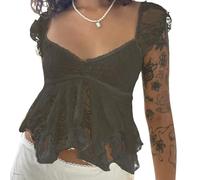 Owegvia Women Fairy Grunge Aesthetic Lace Splicing Square-Neck Short Sleeve Crop Tops Camisole Y2k Crop Top for Girl (Lace Black, S)