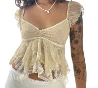 Owegvia Women Fairy Grunge Aesthetic Lace Splicing Square-Neck Short Sleeve Crop Tops Camisole Y2k Crop Top for Girl (Lace Yellow, S)