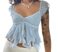 Owegvia Women Fairy Grunge Aesthetic Lace Splicing Square-Neck Short Sleeve Crop Tops Camisole Y2k Crop Top for Girl (Lace Blue, M)