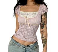 Owegvia Women Fairy Grunge Aesthetic Lace Splicing Square-Neck Short Sleeve Crop Tops Camisole Y2k Crop Top for Girls (Pink, S)