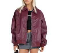 Owegvia Women Leather Biker Jacket Lightweight Casual Autumn Long Sleeves Zip Up Oversized Faux Moto Biker Coat Bomber Jacket (Red, S)