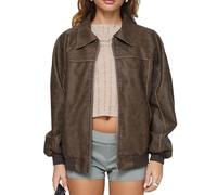 Owegvia Women Leather Biker Jacket Lightweight Casual Autumn Long Sleeves Zip Up Oversized Faux Moto Biker Coat Bomber Jacket (Khaki, S)