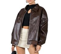 Owegvia Women Leather Biker Jacket Lightweight Casual Autumn Long Sleeves Zip Up Oversized Faux Moto Biker Coat Bomber Jacket (Brown, XL)