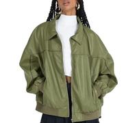 Owegvia Women Leather Biker Jacket Lightweight Casual Autumn Long Sleeves Zip Up Oversized Faux Moto Biker Coat Bomber Jacket (Green, S)