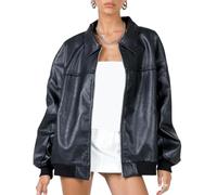 Owegvia Women Leather Biker Jacket Lightweight Casual Autumn Long Sleeves Zip Up Oversized Faux Moto Biker Coat Bomber Jacket (Black, S)