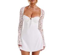 Owegvia Women 's Lace Long Sleeve Dress, Low Cut Back Tie Mini Dress Tunic Dress Vacation Coastal Clothes Concert Outfit (White, S)