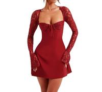 Owegvia Women 's Lace Long Sleeve Dress, Low Cut Back Tie Mini Dress Tunic Dress Vacation Coastal Clothes Concert Outfit (Red, S)
