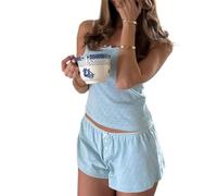 Owegvia Women 's Two Piece Lounge Set Y2k Sleeveless Heart Print Cami Tops and Shorts Set Women Pajamas Set (A- Blue, L)
