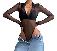Owegvia Women Sheer Lapel Jumpsuit, Long Sleeve V Neck Half Zipper Summer Sheer Romper Bodysuit Clubwear Rave Outfits (Black, M)