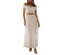 Owegvia Women Vacation Boho 2 Piece Outfits Off Shoulder Frill Trim Crop Tops And A-line Tiered Long Skirt Set Beachwear (White, M)