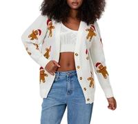 Owegvia Women's Christmas Cardigan Candy Cane/Gingerbread Man Drop Shoulder Long Sleeve Ribbed Button-Front Knit Jumpers (White, M)