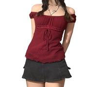 Owegvia Women's Fairy Grunge Aesthetic Lace Splicing Square Neck Short Sleeve Crop Tops Camisole Y2k Crop Top for Girls (A01- Red, M)