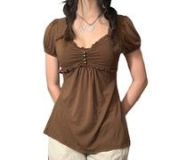 Owegvia Women's Fairy Grunge Aesthetic Lace Splicing Square Neck Short Sleeve Crop Tops Camisole Y2k Crop Top for Girls (B01- Brown, L)