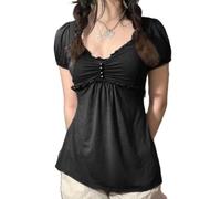 Owegvia Women's Fairy Grunge Aesthetic Lace Splicing Square Neck Short Sleeve Crop Tops Camisole Y2k Crop Top for Girls (B01- Black, S)