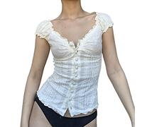 Owegvia Women's Fairy Grunge Aesthetic Lace Splicing Square Neck Short Sleeve Crop Tops Camisole Y2k Crop Top for Girls (E01- White, L)