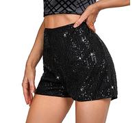 Owegvia Women's Summer Sequins Shorts Mid Waist Elastic Band Sparkly Straight Leg Shorts Glitter Hot Pants for Party (Black, S)