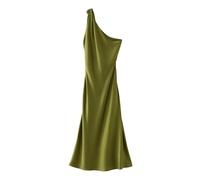 OWEIEYEU Damen Asymmetrisches One-Shoulder-Satinkleid Sommer Aushöhlen Rückenfrei Ärmelloses Midikleid, Army En8, Small