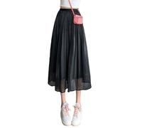 OWEIEYEU Damenrock, lässig, Sommer, einfarbig, hohe Taille, mittellang, A-Linie, lässig, fließend, langer Rock, Schwarz , Einheitsgröße