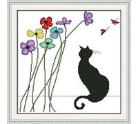OWN4B Kreuzstich Stickpackungen Vorgedruckt, Schwarze Katze und Blumen Bilder 11CT 18,1x17,7 Zoll DIY Stickpackung Set