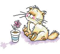 OWN4B Kreuzstich Stickpackungen Vorgedruckt, Süße Kleine Katze Beim Blumen Betrachten Bilder 11CT 15,0x18,9 Zoll DIY Stickpackung Set