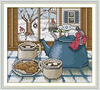 OWN4B Kreuzstich Stickpackungen Vorgedruckt, Winter vor dem Fenster Bilder 11CT 11,0x9,8 Zoll DIY Stickpackung Set