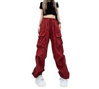 Ownwfeat Damen-Cargohose, Lässige Baggy-Gerade Hose, Weites Bein, Taschen, Jogger-Hose Wine Red S