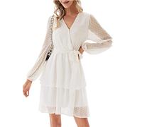 Ownwfeat Damen Kleider Büro Langarm V-Ausschnitt A-Linie Hochzeit Party Chiffon Minikleid, weiß, X-Large