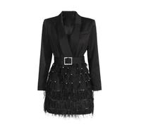 Ownwfeat Damen Office Lady A-Linie Minikleid mit Perlen Detail Umlegekragen Ärmellos Knopfleiste Elegant Kleid, Schwarz , S