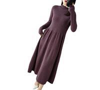 Ownwfeat Damen Pullover Kaschmir Wolle Kleid Langarm Weich Strick Halber Rollkragen Langes Kleid, violett, L