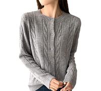 Ownwfeat Damen Strickjacke mit dickem Rundhalsausschnitt, einfarbig, gestrickt, Herbst und Winter, Pullover, grau, L