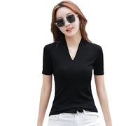 Ownwfeat Damen Top Halbarm V-Kragen T-Shirt Basic Shirt, Schwarz , XXL