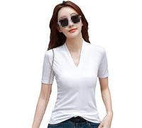 Ownwfeat Damen Top Halbarm V-Kragen T-Shirt Basic Shirt, weiß, XXL