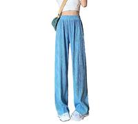 Ownwfeat Damen Water Ripples Ice Silk Hose Hohe Taille Weite Hose Frauen Gerade Jogginghose Blue M