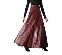 Ownwfeat Herbst hohe Taille langer PU-Lederrock Retro Damen Slim Fit Leder A-Linie Fischschwanzröcke, rot, 40