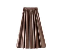 Ownwfeat Herbst Winter Vintage PU Leder Plissee Maxi Langer Rock Elastische Taillenband A-Linie Lange Lederröcke, coffee, Einheitsgröße