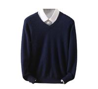 Ownwfeat Herren Kaschmir-Pullover mit V-Ausschnitt und Revers, gestrickt, Winter, langärmelig, dunkelblau, XXXL