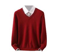 Ownwfeat Herren Kaschmir-Pullover mit V-Ausschnitt und Revers, gestrickt, Winter, langärmelig, E Rot, Small