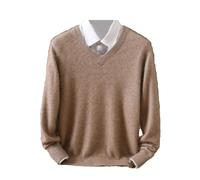 Ownwfeat Herren Kaschmir-Pullover mit V-Ausschnitt und Revers, gestrickt, Winter, langärmelig, Khaki9, X-Large