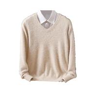 Ownwfeat Herren Kaschmir-Pullover mit V-Ausschnitt und Revers, gestrickt, Winter, langärmelig, Mi Khaki9, Large