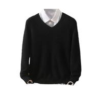 Ownwfeat Herren Kaschmir-Pullover mit V-Ausschnitt und Revers, gestrickt, Winter, langärmelig, Schwarz , X-Large