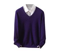 Ownwfeat Herren Kaschmir-Pullover mit V-Ausschnitt und Revers, gestrickt, Winter, langärmelig, Violett / Blau, XXXL