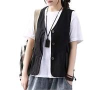 Ownwfeat Sommer Retro Baumwolle und Leinen Weste Damen Lose Ärmellose Weste Große Tasche Kurz Dünner Mantel, Schwarz , 38