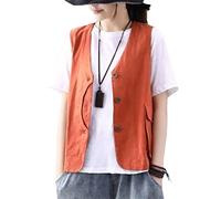 Ownwfeat Sommer Retro Baumwolle und Leinen Weste Damen Lose Ärmellose Weste Große Tasche Kurz Dünner Mantel, Orange, 42