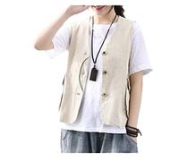 Ownwfeat Sommer Retro Baumwolle und Leinen Weste Weiblich Lose Ärmellose Weste Große Tasche Kurz Dünner Mantel, Cremefarben/Weiß, XL