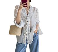 Ownwfeat Sommer V-Ausschnitt Spitze Damen Blusen Schnürung Leicht Transparent Hemd Chiffon Tops, weiß, Einheitsgröße